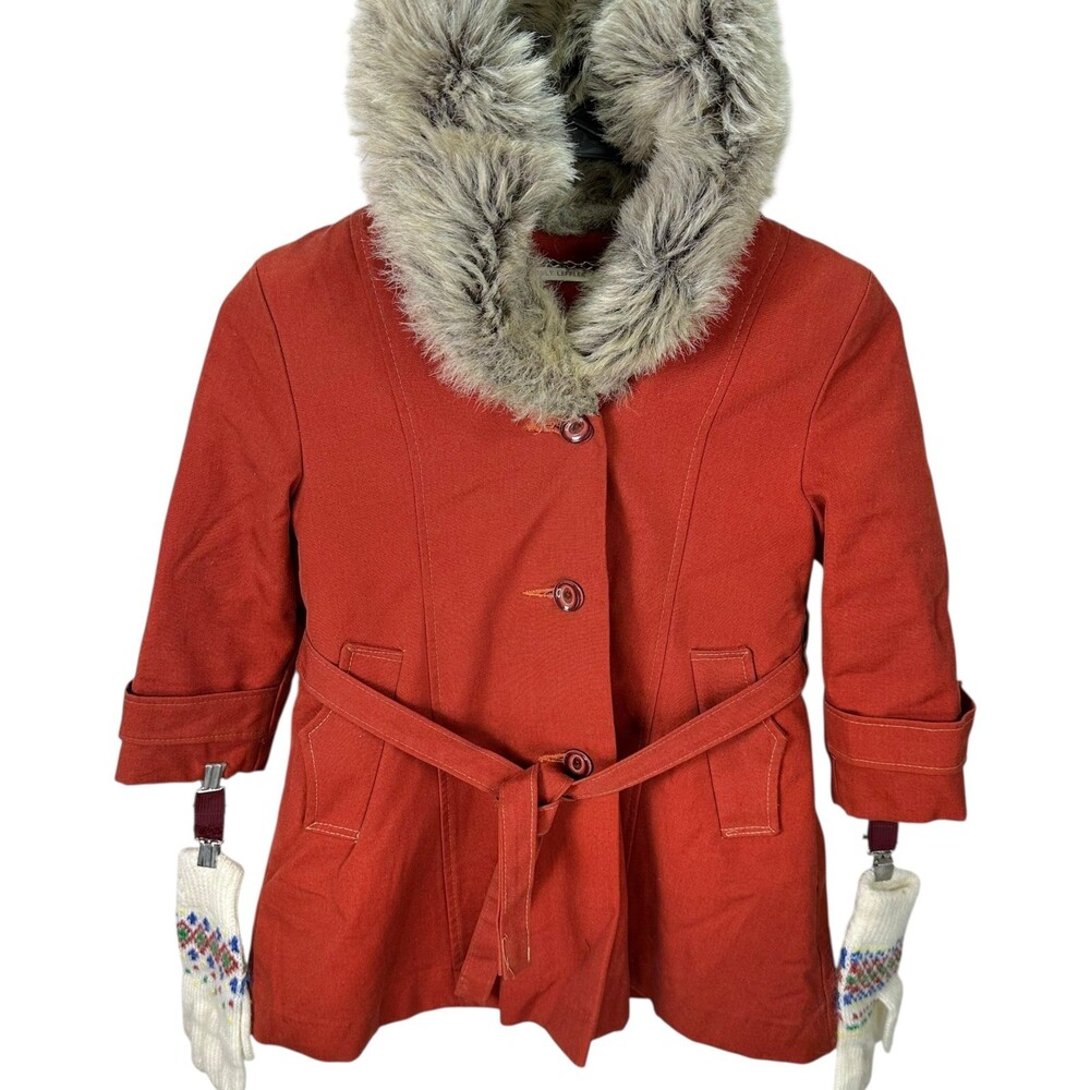 Vintage Emily Leffler Girls Rust Faux Fur Hood Coat Belt Gloves Sz 6-7 Boutique
